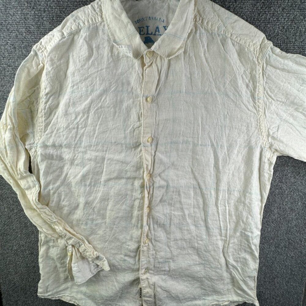 Tommy Bahama Linen Long Sleeve Button Up Shirt Adult Large Ivory Blue Check Men